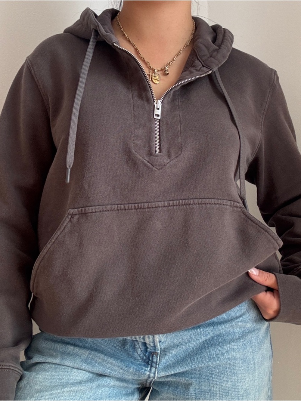 Club Monaco Half-Zip Hoodie in Charcoal Brown